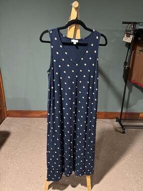 J.Jill Navy Blue Polka Dot Sleeveless V-Neck Maxi Dress Size S